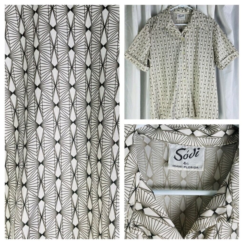 Vintage Disco‎ 70s Geometric Polyester Button Up Shirt Men's 44 Atomic Waves EUC